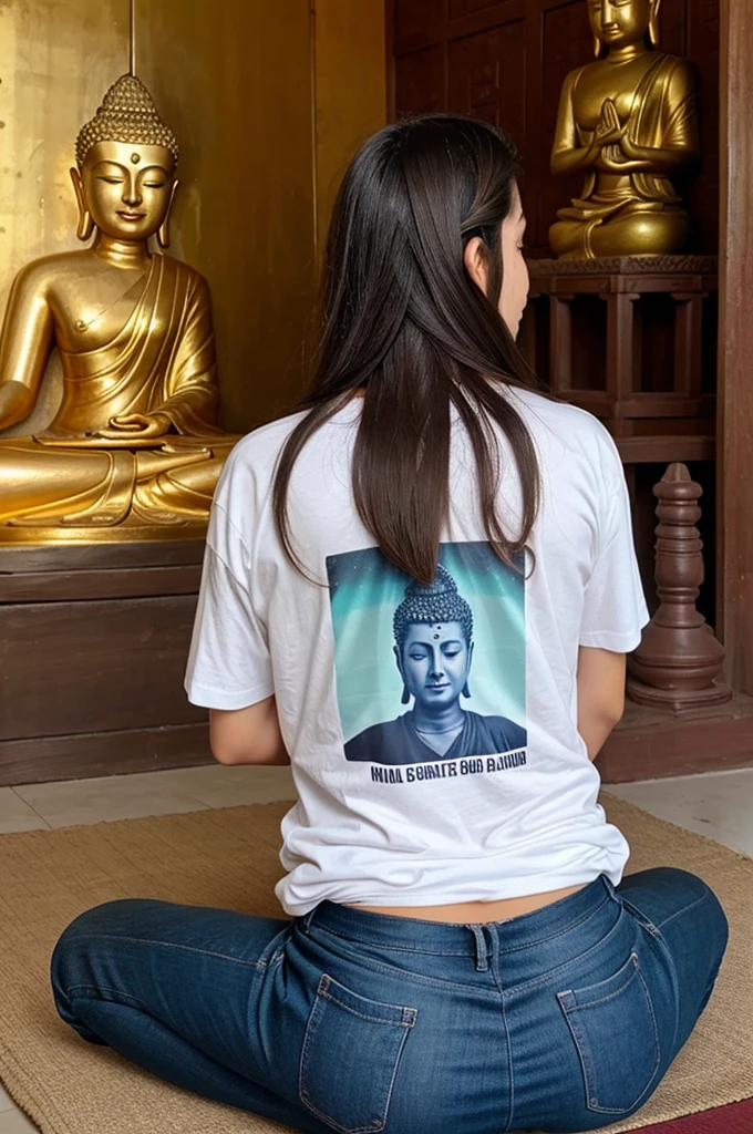 A 18 year old long hair boy is sitting in front of Buddha statue and his t-shirt's backside there are a name Prasenjeet