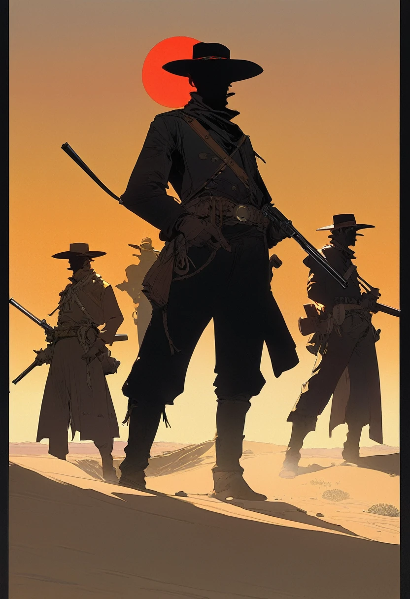 score_9, score_8_up, score_7_up, score_6_up, score_5_up, score_4_up, 2man, Western, gunslingers, dueling, Desert, red sun, scorching sun, arid, silhouette, black clothes, Horizon, far away