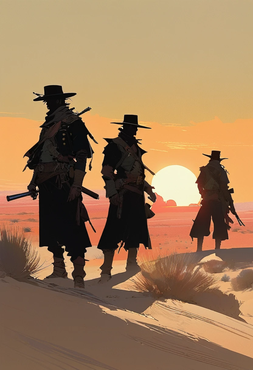 score_9, score_8_up, score_7_up, score_6_up, score_5_up, score_4_up, 2man, Western, gunslingers, dueling, Desert, red sun, scorching sun, arid, silhouette, black clothes, Horizon, far away