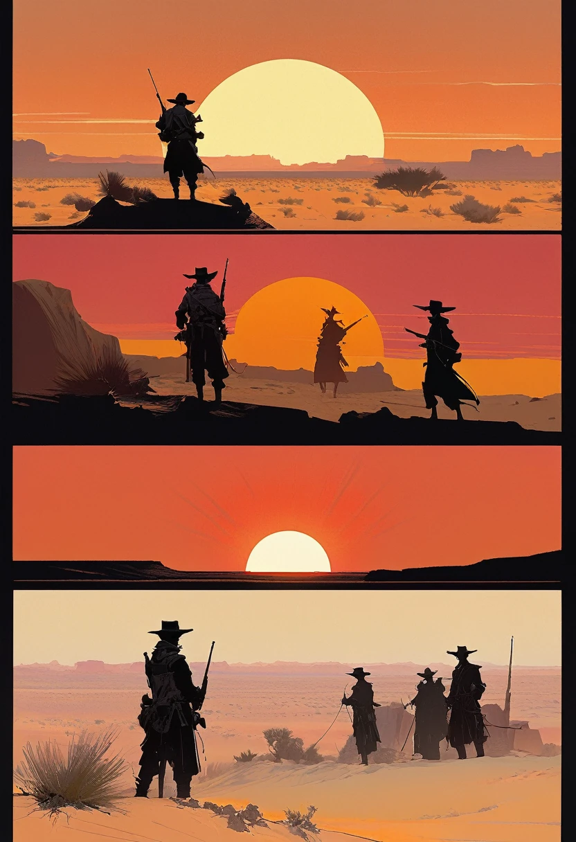score_9, score_8_up, score_7_up, score_6_up, score_5_up, score_4_up, 2man, Western, gunslingers, dueling, Desert, red sun, scorching sun, arid, silhouette, black clothes, Horizon, far away