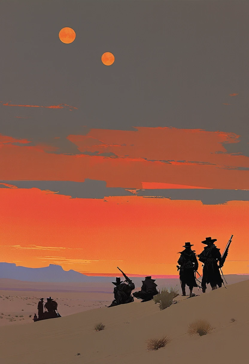 score_9, score_8_up, score_7_up, score_6_up, score_5_up, score_4_up, 2man, Western, gunslingers, dueling, Desert, red sun, scorching sun, arid, silhouette, black clothes, Horizon, far away