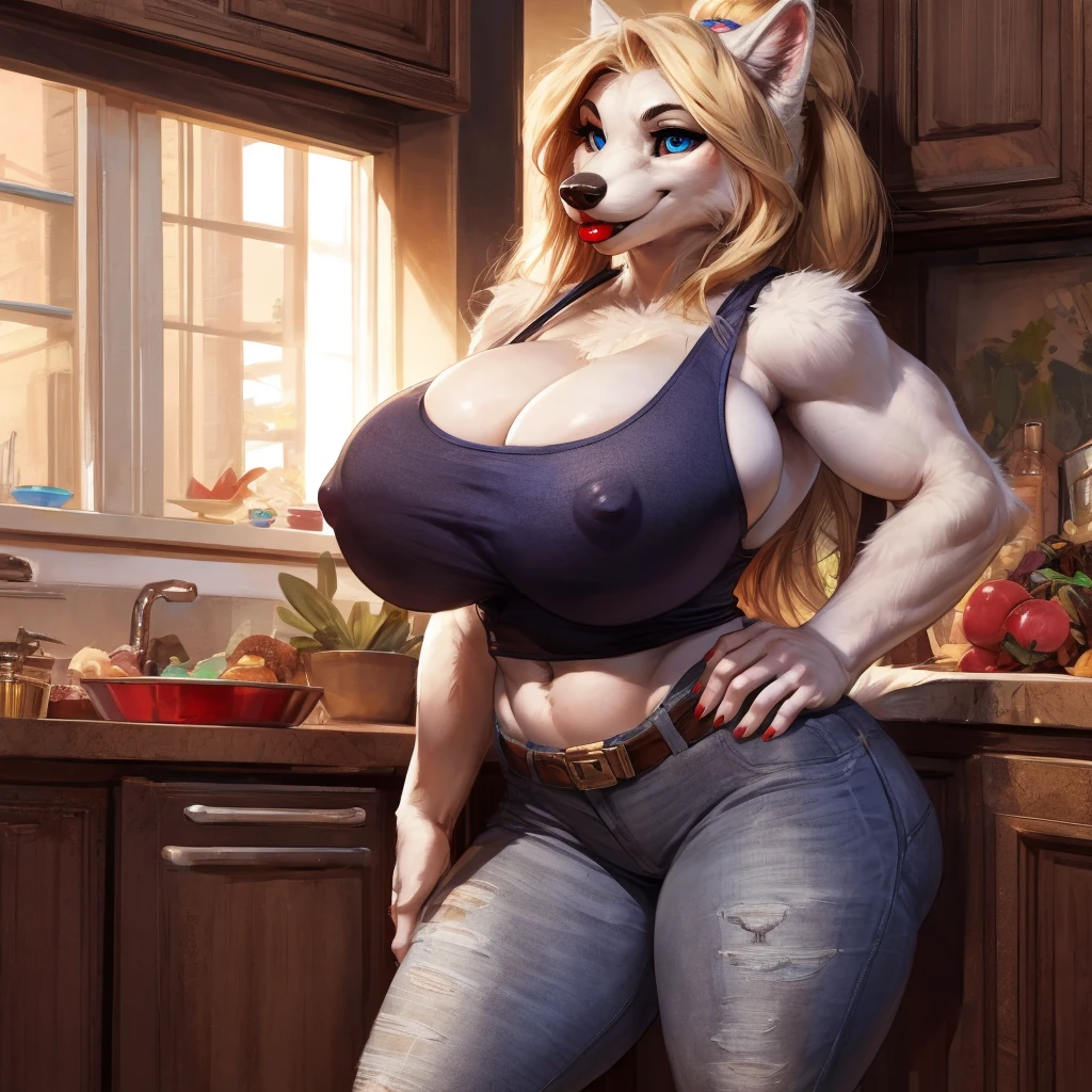 by darkgem, curvy, arctic fox, white fur, female, athletic figure, furry body, wide hips, thick thighs, big arms, (huge breasts:1.1), heavy breasts, nipple outline, blue eyes, highly detailed eyes, blonde hair, long hair, hair bun, milf, tank top, bare midriff, cleavage, large areolae, long snout, big bottom lip, red lipstick, (low jeans:1.4), bare midriff, visible thong straps, Masterpiece, best quality, absurd res, highly detailed, cleanly drawn eyes, anthro only, kitchen environment, motherly smile, standing upright, trailer trash,