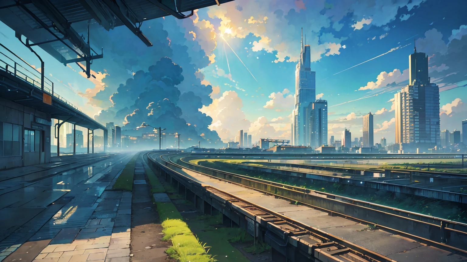 (masterpiece, highest quality:1.2), highest quality, masterpiece, high resolution, anime style, Urban landscape, ultra detailed, landscape illustration, realistic, beautiful cumulonimbus clouds, wide open sky, summer sky, verdant sky, ambiguous boundaries, morning glow, ((Contemporary landscape, Trains running, Buildings in the background, skyscraper)), not a single person, no human, brilliant morning sun, Sunlight leaking through gaps in buildings, The dazzling sun is in the distance
