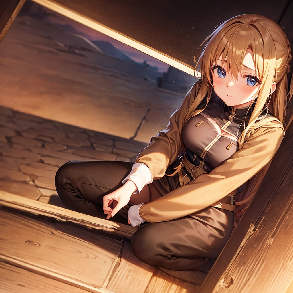 asuna,sao, crown half up hairstyle,, sweat, cleavage, military, torn clothes, brown Clothes, dusk sky, dusk, sunset,