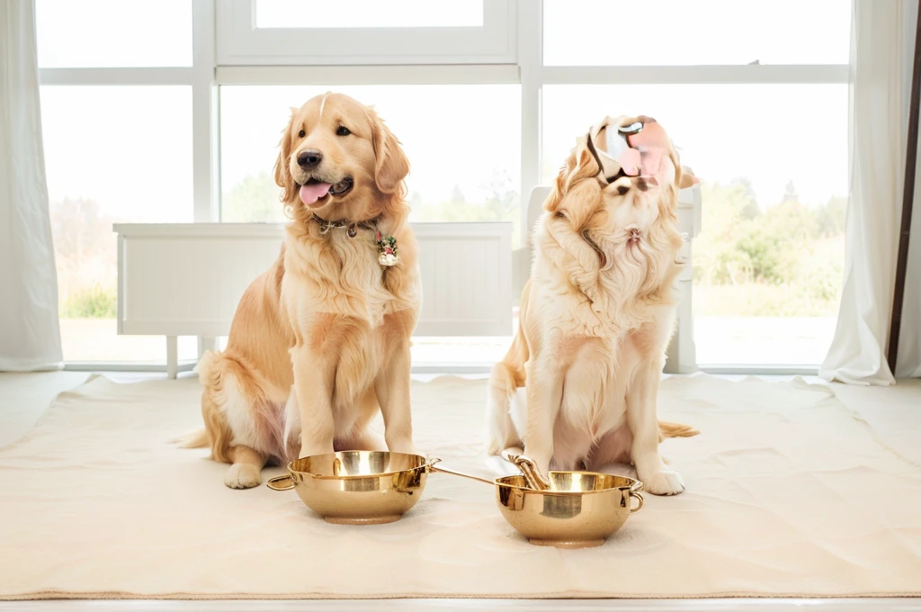 there are two golden retriever that are eating out of bowls together, pet, two golden retriever, Sepia tones, ready to eat, Unrivaled quality, , Large Portrait, Bella, Golden retriever, Ease of use, A big one, Highly polished, puppy, Good quality, Dinner is ready, the best, High quality details, Rich texture,Natural light and shadow,Hyper-realistic scenes,Photographs