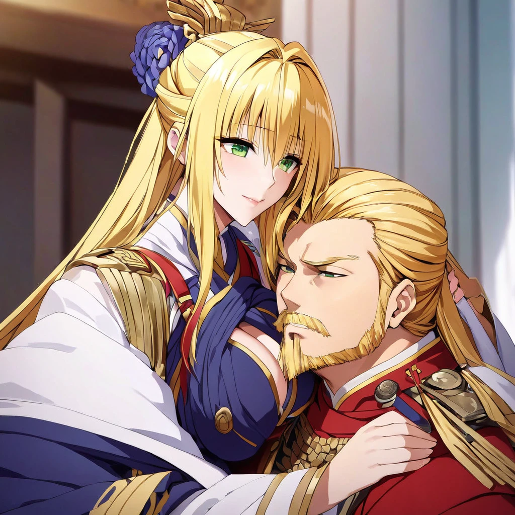 ((Highest quality)), ((masterpiece)), (detailed), （Perfect Face）、The woman is Tiare, with green eyes and medium-long blonde hair.、The woman is a beautiful ancient Chinese military commander who was chosen by the emperor and is now a bride at her wedding.、The woman is being held in the arms of the emperor and is happily kissing him as a promise.、The emperor is a man, middle-aged and dignified with a beard.
