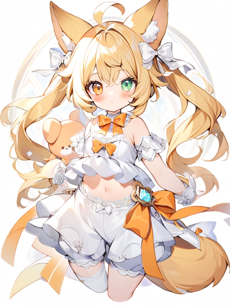 1girl, animal ears, bangs, bare shoulders, blonde hair, blush, bow, breasts, white cleavage, cropped torso, , green eyes, hair ribbon, heterochromia, stlooking at viewer, , orange bow, orange eyes, orange ribbon, ears like an unearthly animal, fluffy tail, light tail, real tail, ribbon, solo, stuffed animal, stuffed bunny, stuffed toy, twintails, upper body, full-length, white legbands, white shoes with lace and white bows, white background, wrist cuffs, yellow eyes, bloomers, close-up, fair skin frills, lace, midriff, skirt, solo, , white background,shorts, white top with ribbon and lace and trousers,trousers, genshin,white slippers with a bow,All clothes are white, laceAt full height, it stands, в полный рост