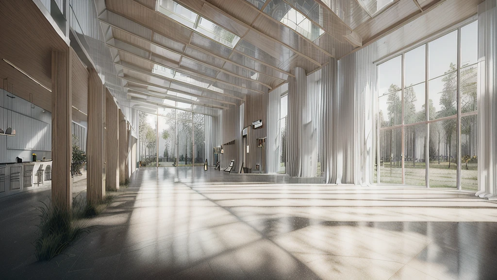 there is a long hallway with a lot of windows and trees, hallway landscape, all white render, infinite hallway, white minimalist architecture, tall entry, inside a tall vetical room, well lit 3 d render, indoor liminal space, liminal space hallway, commercial lighting, corridor, white ceiling, minimalistic and beautiful, white building, crisp smooth clean lines