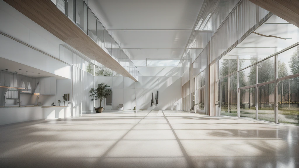 there is a long hallway with a lot of windows and trees, hallway landscape, all white render, infinite hallway, white minimalist architecture, tall entry, inside a tall vetical room, well lit 3 d render, indoor liminal space, liminal space hallway, commercial lighting, corridor, white ceiling, minimalistic and beautiful, white building, crisp smooth clean lines