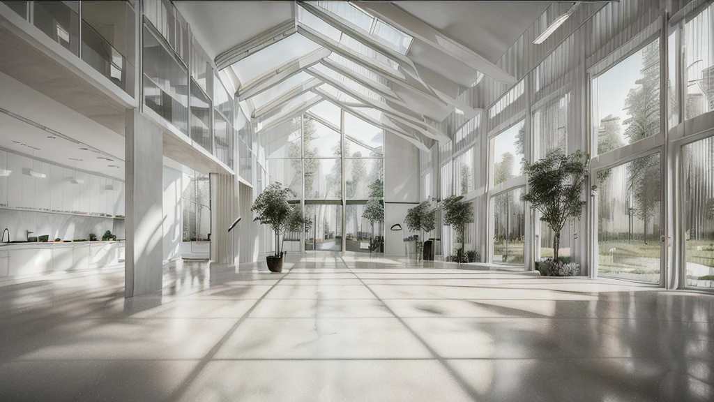 there is a long hallway with a lot of windows and trees, hallway landscape, all white render, infinite hallway, white minimalist architecture, tall entry, inside a tall vetical room, well lit 3 d render, indoor liminal space, liminal space hallway, commercial lighting, corridor, white ceiling, minimalistic and beautiful, white building, crisp smooth clean lines