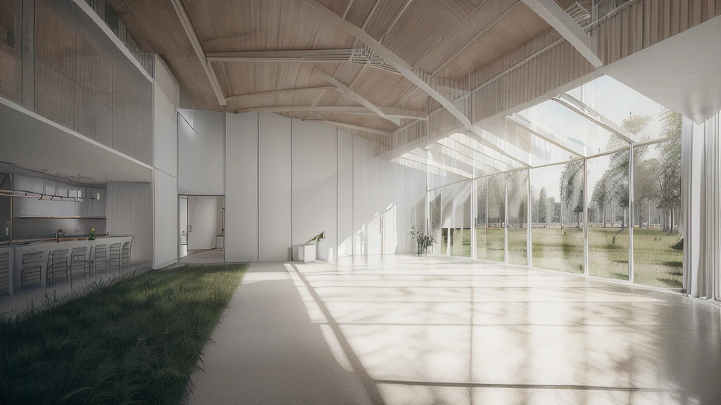 there is a long hallway with a lot of windows and trees, hallway landscape, all white render, infinite hallway, white minimalist architecture, tall entry, inside a tall vetical room, well lit 3 d render, indoor liminal space, liminal space hallway, commercial lighting, corridor, white ceiling, minimalistic and beautiful, white building, crisp smooth clean lines