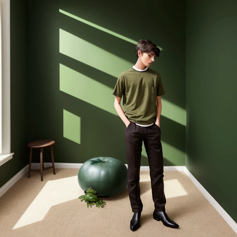 A young man in the corner of a room with a smooth dark green wall and a brown floor with carpet. He wears short and modern clothes. Around the person, there are four frogs: a green frog further away, two smaller black frogs in different poses and a green frog on the back. The composition creates an ethereal and surreal atmosphere.