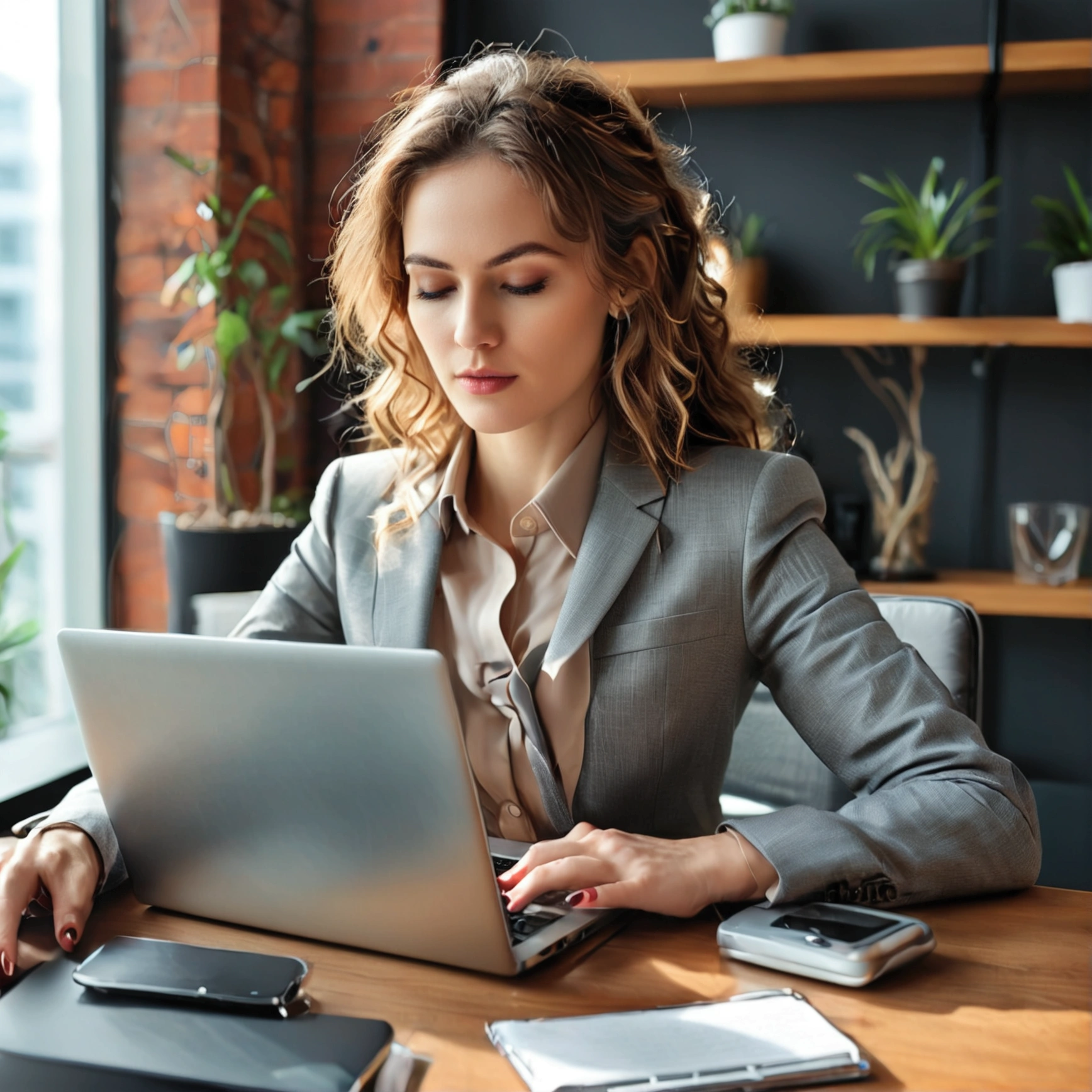 close up shot of business woman hands operating a laptop on very modern office room background
