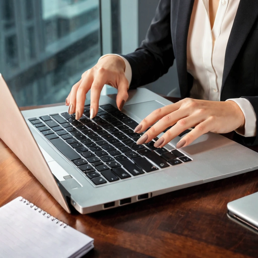 close up shot of business woman hands operating a laptop on very modern office room background