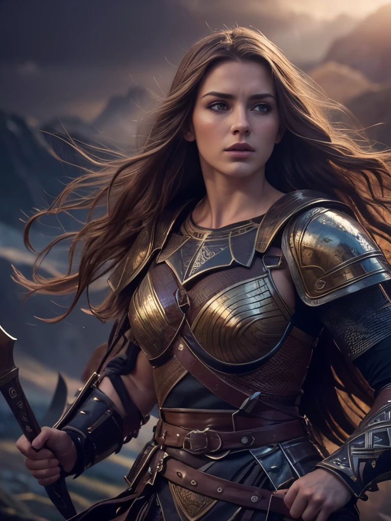 a gorgeous young european woman, antique celtic warrior, in battle, detailed face with beautiful eyes, nose, and lips, flowing hair, detailed armor and weapons, ultra realistic, 4k, photorealistic, cinematic lighting, dramatic shadows, dynamic action pose, epic fantasy landscape background, moody colors, dramatic lighting