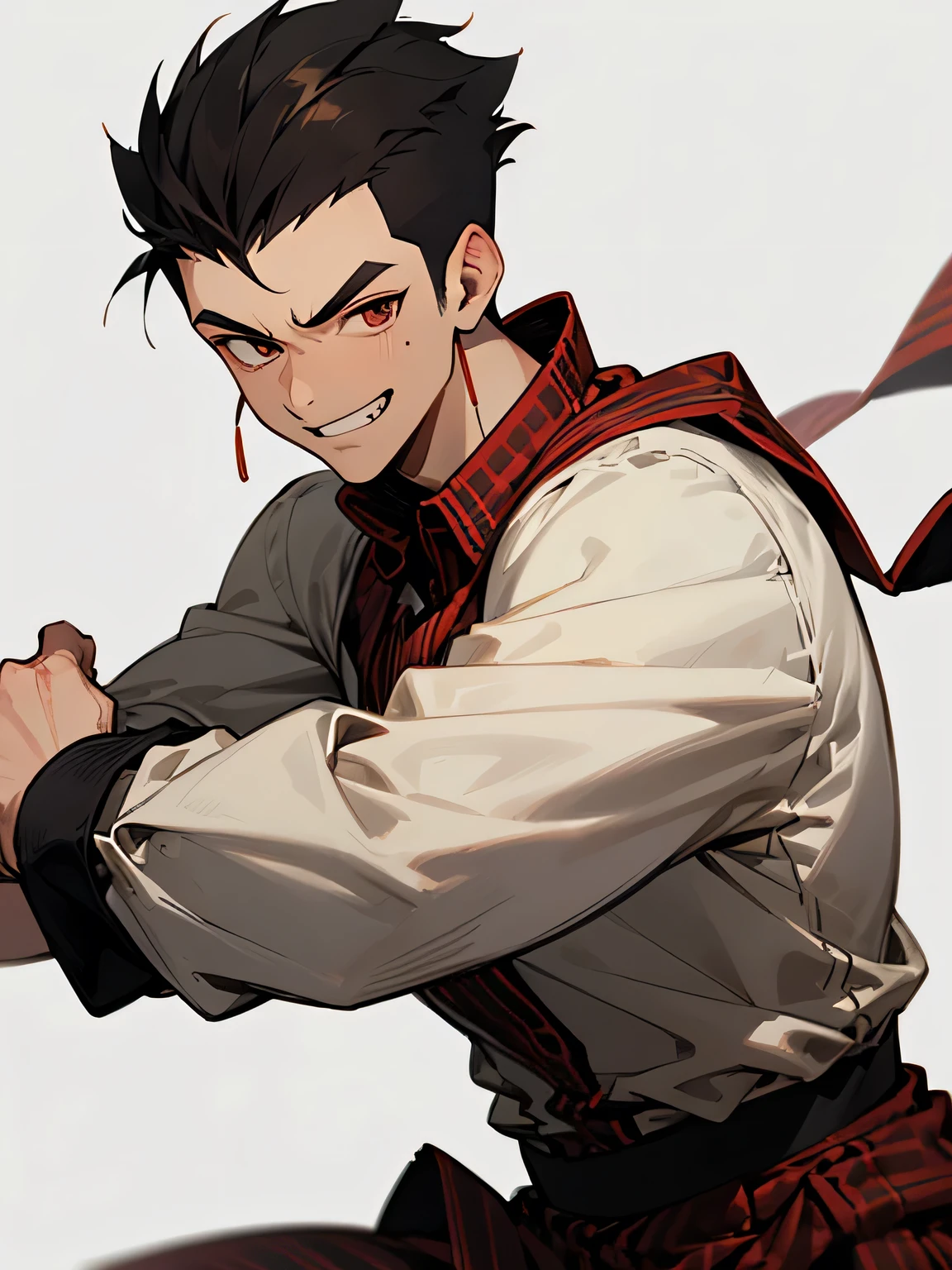 solo,upperbody,looking at viewer,1boy,redbrown soft Mohawk haircut ,buzz cut,no bangs,big forehead,male's eyes, male's nose, male's mouth,handsome face, manly, grin,plaids pattern clothe,fighting stance,white simple background