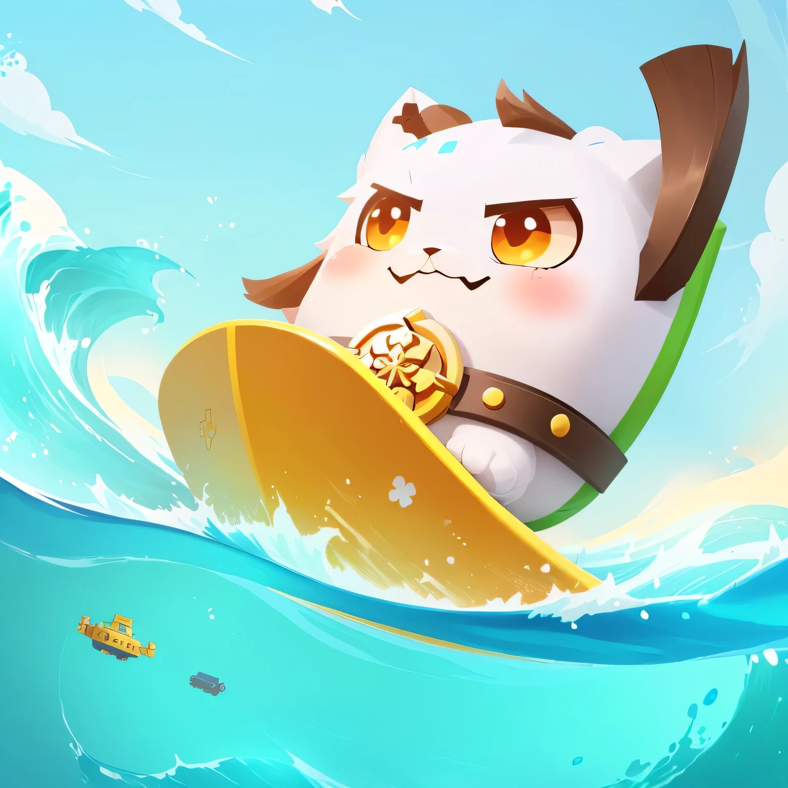 一个卡通麻将小人在海浪上骑着surfing板的卡通人物, mobile Game Art, official Ink Art, mobile game background, The tsunami is behind him, surfing, Breeze Background, Start screen art, Ink Art, mobile game style, Game Art, Ink Art brawlstars, character Ink Art, stylized Game Art, official art works, Wallpaper - 1 0 2 4, mobile game