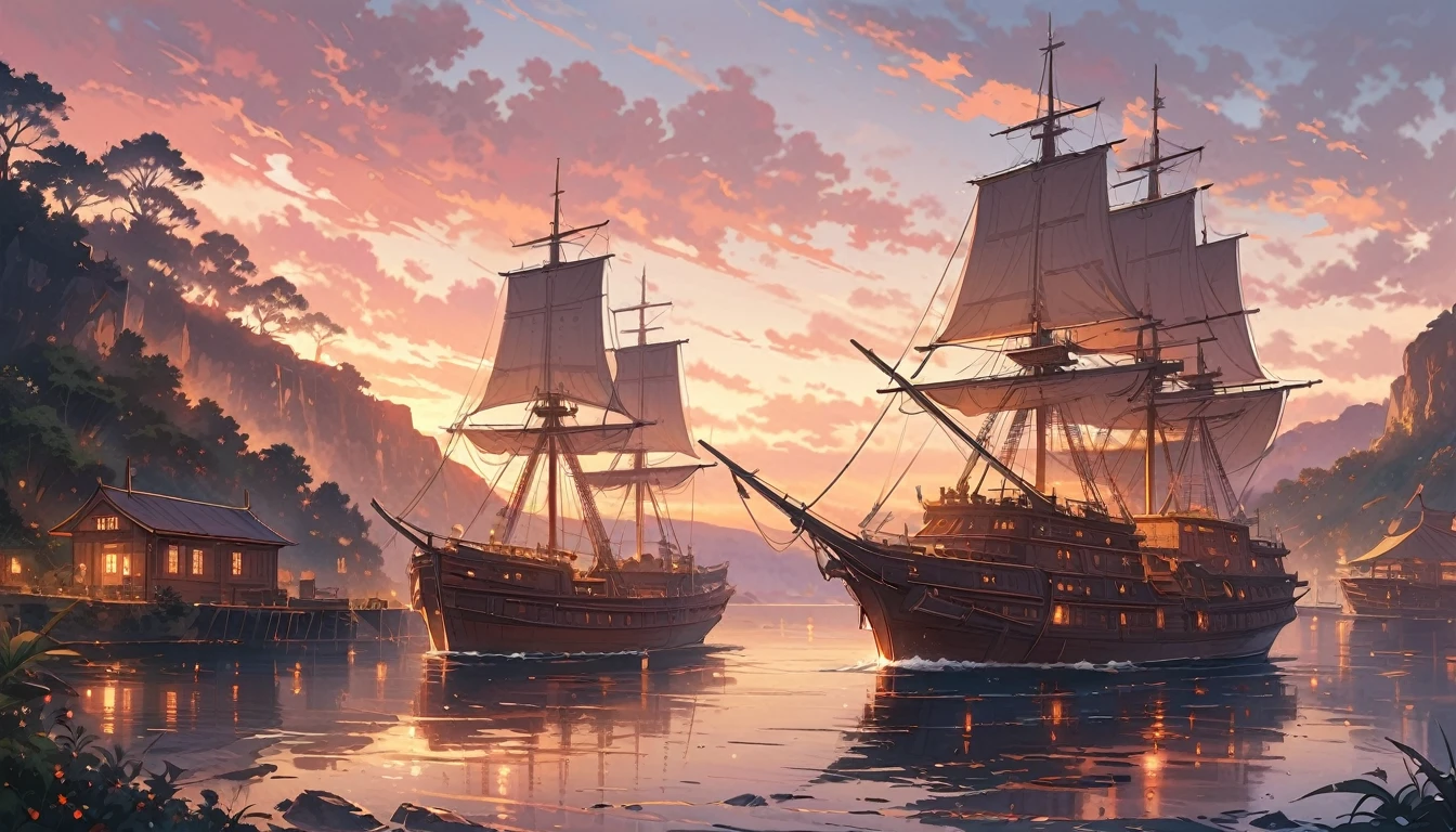 “It represents the British Colonization in Australia at dawn. The landscape shows the coast of Sydney in 1788: a wide bay with calm waters, small boats docked near the shore and hills covered with vegetation in the background. Use warm tones (Golden, oranges and pinks) for heaven. The style must be realistic, with sharp details on the boats, wooden structures and British settlers. Adds a soft glow around the rising sun and reflections in the water.”
