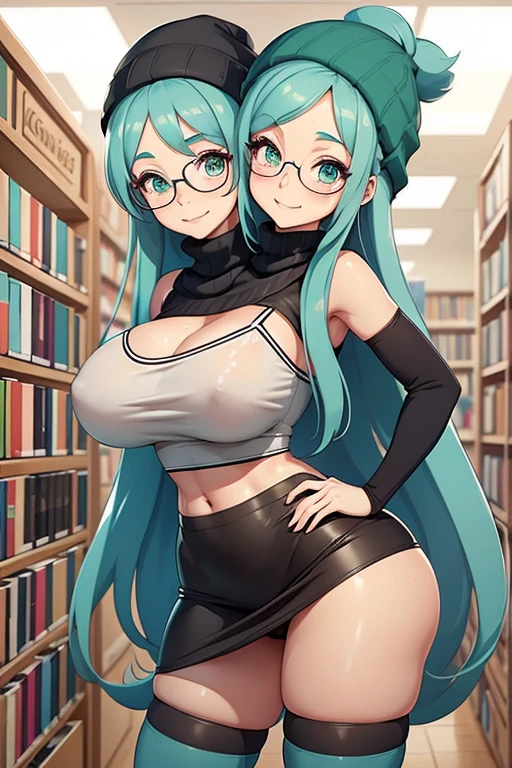 2 heads, a tall woman with two heads. In a bookstore. Wearing tube top. Wearing black skirt. Thigh socks. Adorable cute face. Long turquoise hair, wearing beanie. Slutty, nerdy, large circular glasses. Huge thighs. Sexy. Slim. Ginger, freckles. Excited, happy. 