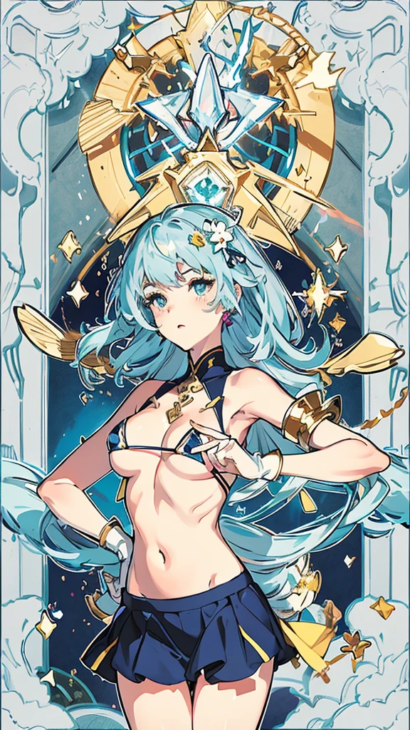 gemini tarot cards,Hands together,Vulcan salute,attention, There is a halo behind the head,finely_detailed, perfect_Body, perfect_Eye, perfect_Face, perfect_finger,Yu-Gi-Oh card game style、(((Voluminous breasts 1.8)))、(((micro bikini 1.4)))、(Saggy breasts 1.4)、(Cleavage 1.4),Seductive pose、Random Pause、cowboy shot、
(The gemini symbol is depicted on the card frame 1.3)、Three-dimensional depiction that seems to emerge from the card, ultra-detailed depiction, artistic、A pose that makes it seem as if the person is coming out of the card、The card frames are drawn in super-beautiful detail, perfect anatomy, perfect fingers, super beautiful faces, stunning beauties aged 16 to 30、Greek mythology sculpture style background、Super beautiful eyes, and the card frame features illustrations of the moon, sun, stars, and golden coins、The card frame features an illustration of a sword and shield、Card colors are random、Depicts the symbol of gemini、Write the letter Taurus、Write gemini on the top of the tarot card.May the person who sees the tarot card be happy、Write the word "gemini" in embossed letters on the tarot card、Magic wand, spear, bow and arrow, guitar, fire, water, earth, wind, dagger, pen, sword, crossbow, large shield, gloves, fishnet stockings、Flowers, leaves, good luck, four leaf clover、Scattering jewels、Diamond, ruby, sapphire, topaz, blue sapphire, pearl, crystal,Taurus sign tattoo on body、Random hair color、Rainbow, red, blue, orange, yellow, purple, green, gold, Silver, light blue, brown, white, yellow-green, navy blue, pink,Her hair is green