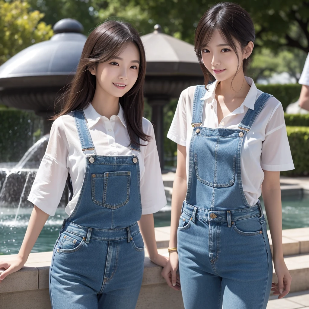 HD detailed, Super detailed, Realistic,Hyperrealism,Best image quality、Highest quality、masterpiece、Ultra-high resolution、8K、immature、Like the picture:1.5、Professional Lighting、Park fountain、Young Japanese Woman,Stylish、、Slender、、A kind smile、Wear a denim shirt and denim overalls、Soaked clothes、Damp clothes、View from the side