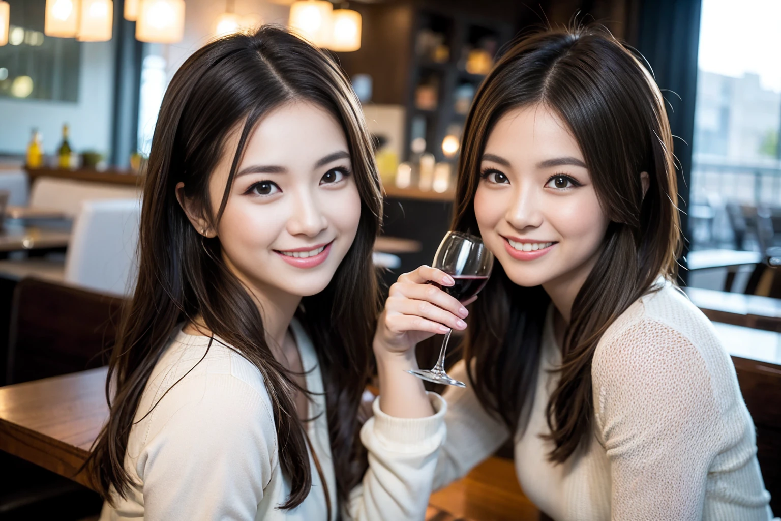 ((Highest quality、8K、masterpiece:1.3))、cute、slimカップル、modelカップル、actress男優、(Realistic, Intricate details:1.2), full-course dinner、Wine Party、Amazing view of the sunset sky and clouds、A bright smile、short hair,Bright Face、 (Age 37), 42 years old, red wine 、Appetizers、Italian food、Wine bottle、Champagne、sparkling wine、Two beauties、Brown Hair、Shortcuts、Long sleeve shirt、dress、Beautiful woman 1, (slimな顔), (The body is slim), (Brown Hair), (Shortcuts), cheeks turn a little red,Attractive beauty、restaurant, In a prominent place (From the waist up) Nova Frog Style, actress, model, Upper Body, White wine, slim, wine glass, 中央に置かれたwine glass, smile, (smile: 1.15), Beautiful fine grain, Depth f/2,saturation, High Contrast, Strong light and shadow,Moist Body:1.5、3D texture、Delicate eyes、Brown Hair、The hair is very shiny、