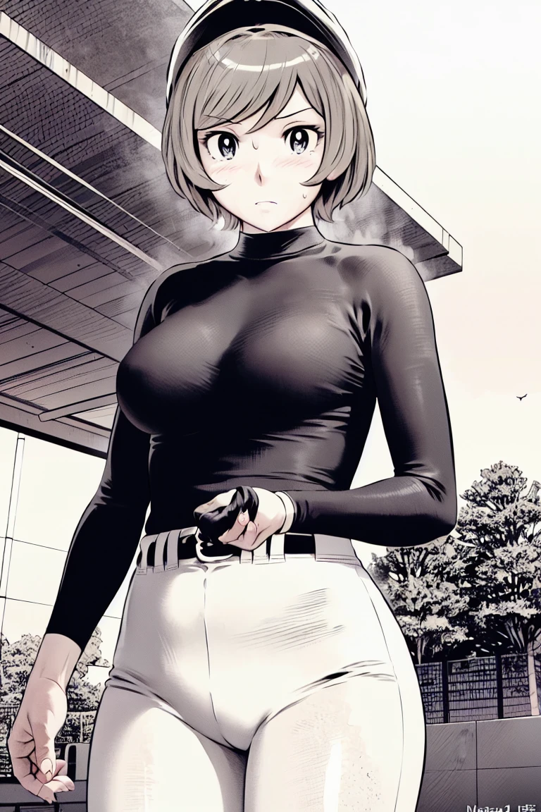 (野球uniform:1.2),
blonde, (short hair:1.2),Long sleeve, Black Shirt, turtleneck,White trousers、uniform、Black belt、((Illustration of people))、big 、Covered in mud、Soil stains、ドロドロのuniform、Baseball Cap、
View your viewers,, (Highest quality:1.3),One Girl, White pants、uniform、Outdoor、baseball ground、ground、soil、blue eyes、Tight black shirt、(masterpiece、Highest quality)、Highest quality, Ultra-high resolution, (((masterpiece))), alone, Sweat、big eyes、big Breasts、Torn clothes、 Fully exposed、Nipples、One Girl, Front view、Embarrassed face、Bronze colored hair、((short hair))、Stand up straight、Cowboy Shot