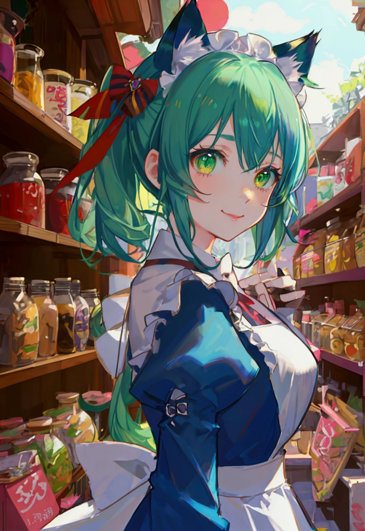 ((table top, highest quality: 1.1), ((Anime girl in a blue dress with a magic wand)), art nouveau、Anime cat girl wearing a maid costume, , ((Green hairs))、long haired person、((Eyes that shine like jewels, long eyelashes, and a sense of transparency))、Very Beautiful Anime cat girl, Anime cat girl, ((white knee highs)), Attractive cat girl, I'm at the candy store,Inspired by Leiko Ikemura, Aya Takano color style, in ryuuou no oshigoto art style, cat girl, Character you admire, rei hiroe、Smiling