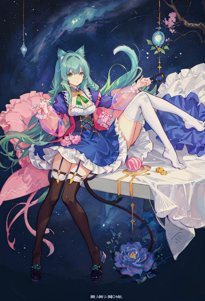 ((table top, highest quality: 1.1), ((Anime girl in a blue dress with a magic wand)), art nouveau、Anime cat girl wearing a maid costume, , ((Green hairs))、long haired person、((Eyes that shine like jewels, long eyelashes, and a sense of transparency))、Very Beautiful Anime cat girl, Anime cat girl, ((white knee highs)), Attractive cat girl, I&#39;m at the candy store,Inspired by Leiko Ikemura, Aya Takano color style, in ryuuou no oshigoto art style, cat girl, Character you admire, rei hiroe、Smiling