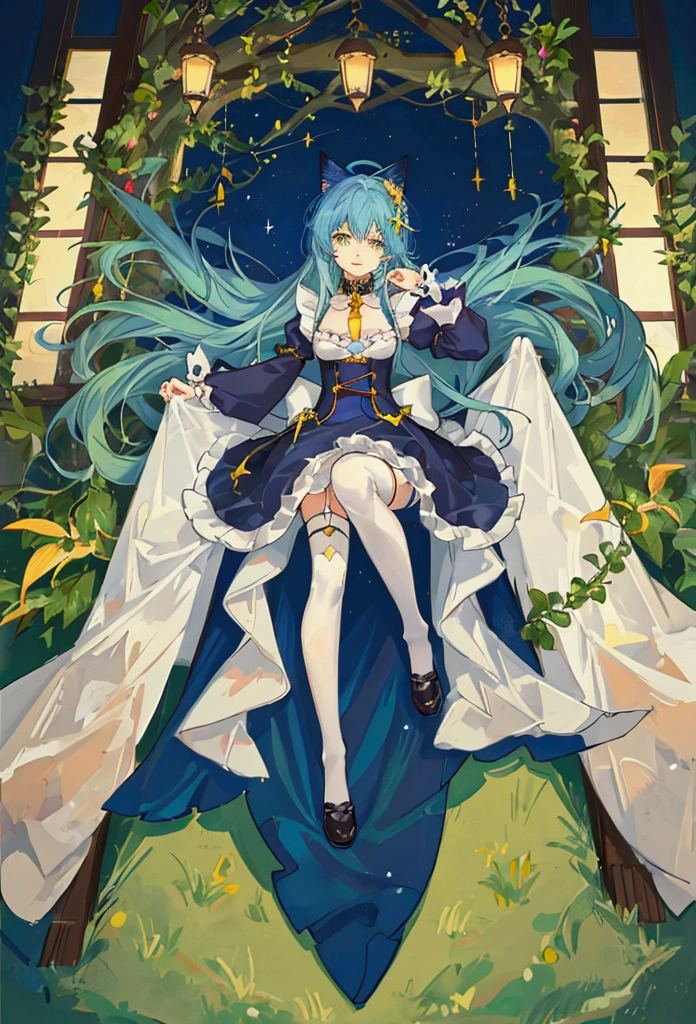 ((table top, highest quality: 1.1), ((Anime girl in a blue dress with a magic wand)), art nouveau、Anime cat girl wearing a maid costume, , ((Green hairs))、long haired person、((Eyes that shine like jewels, long eyelashes, and a sense of transparency))、Very Beautiful Anime cat girl, Anime cat girl, ((white knee highs)), Attractive cat girl, I'm at the candy store,Inspired by Leiko Ikemura, Aya Takano color style, in ryuuou no oshigoto art style, cat girl, Character you admire, rei hiroe、Smiling
