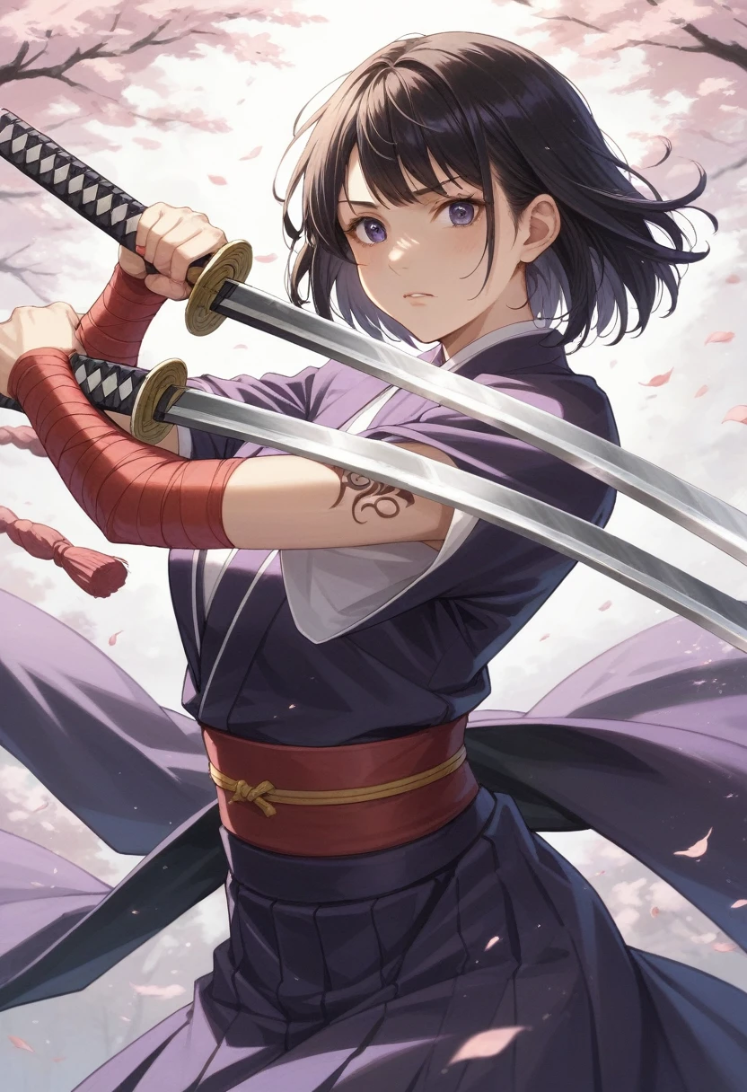 girl with a sword and a purple outfit holding a red object, fubuki, inspired by Kamisaka Sekka, swordsman, she is holding a katana sword, kunoichi, with large sword, itatchi uchiha, holding katana, katana zero, dramatic wielding katana pose,Real-life photos、Girl with tattoo on arm、woman主人公 👀 :8、woman、Real-life photos、Real、Realistic、Color photography