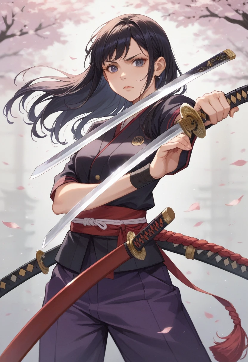 girl with a sword and a purple outfit holding a red object, fubuki, inspired by Kamisaka Sekka, swordsman, she is holding a katana sword, kunoichi, with large sword, itatchi uchiha, holding katana, katana zero, dramatic wielding katana pose,Real-life photos、Girl with tattoo on arm、woman主人公 👀 :8、woman、Real-life photos、Real、Realistic、Color photography