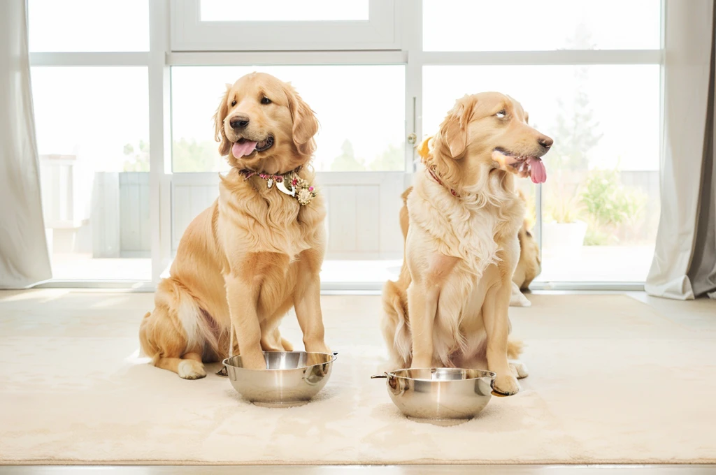 there are two golden retriever that are eating out of bowls together, , two golden retriever, Sepia tones, ready to eat, Unrivaled quality, , Large Portrait, Bella, Golden retriever, Ease of use, Stainless Steel Dog Bowl, puppy, Good quality, Dinner is ready, the best, High quality details, Rich texture，Natural light and shadow，Hyper-realistic scenes，Photographs