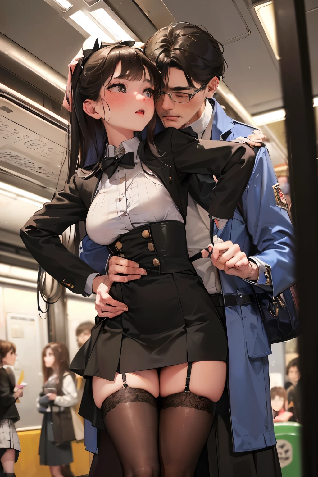 (SFW), ((photorealistic)), (masterpiece), (best quality:1.3), absurdness, [:intricate details1.3], SFW, realistic, masterpiece, (((VERY crowded subway train interior detailed scenario, VERY crowded subway train interior detailed background))), standing insanely hot (young small girl1) using sexy ((skirt)), ((behind skirt lifted)), ((3/4 white stockings)), ((big ass)), ((thick thighs)), ((fear expression)), (blushed face), (perfect body proportions)), old small man ass groping young small girl 1 from behind, (((old small man pressing his chest on young woman 1 back))) and (((holding her waist behind her)))
