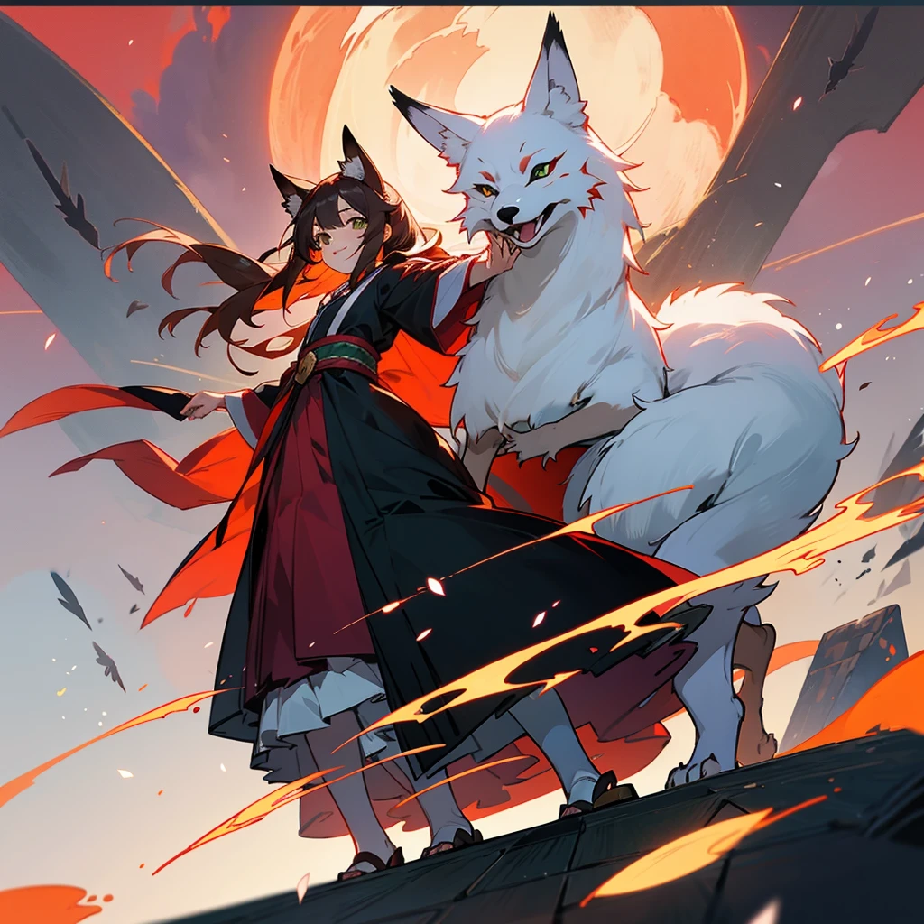 kawaii, anime, Cute, hyper quality, highly detailed, 16k, Front facing, Clarity, full body, smile, Inciting point of view, fox, A girl and a pure white fox, long brown hair, green eyes, yukata, cobblestone, red torii, A row of red torii gates, creepy laughter, worship path, cloudless dusk, Red Moon, A large number of black crows fly overhead, The black feathers of the crow are dancing, Shining big tree, Fantastic, evening, I have a pure white fox, White plum blossoms at my feet, carrying a fox, turn half your body, red sky without clouds, ominous, fox ears, wear a fox mask on your head, lined with trees, Crow wings grow on the girl's back, row of tall trees, light dances, spark effect, white kiwi flowers at my feet,