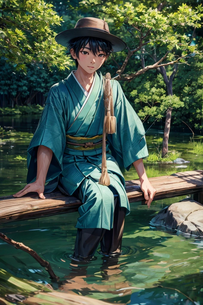A Japanese boy with hat sitting on wood keep his legs in water surrounded with full of green trees, tree shadows falling on him, detailed boy, detailed face, detailed dress, detailed fishing stick, detailed trees, detailed water, detailed hat, detailed shadows, best quality, highly detailed, masterpiece, 8k scene.