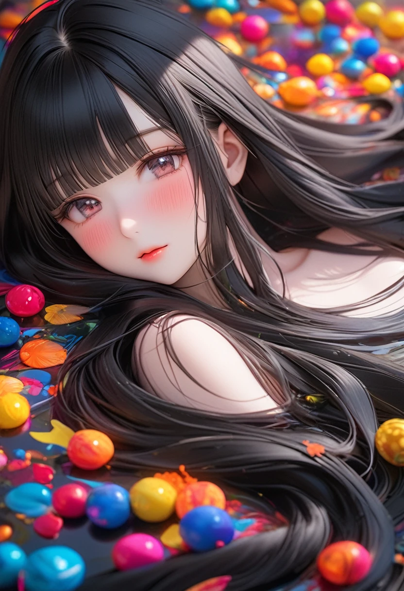 RAW Photos, pretty girl, Perfect beauty, Flowing, jet black, long straight hair, Blunt bangs, Blushed, Lying in a beautiful pose, Vibrant colors, Face-up Focus:1.2