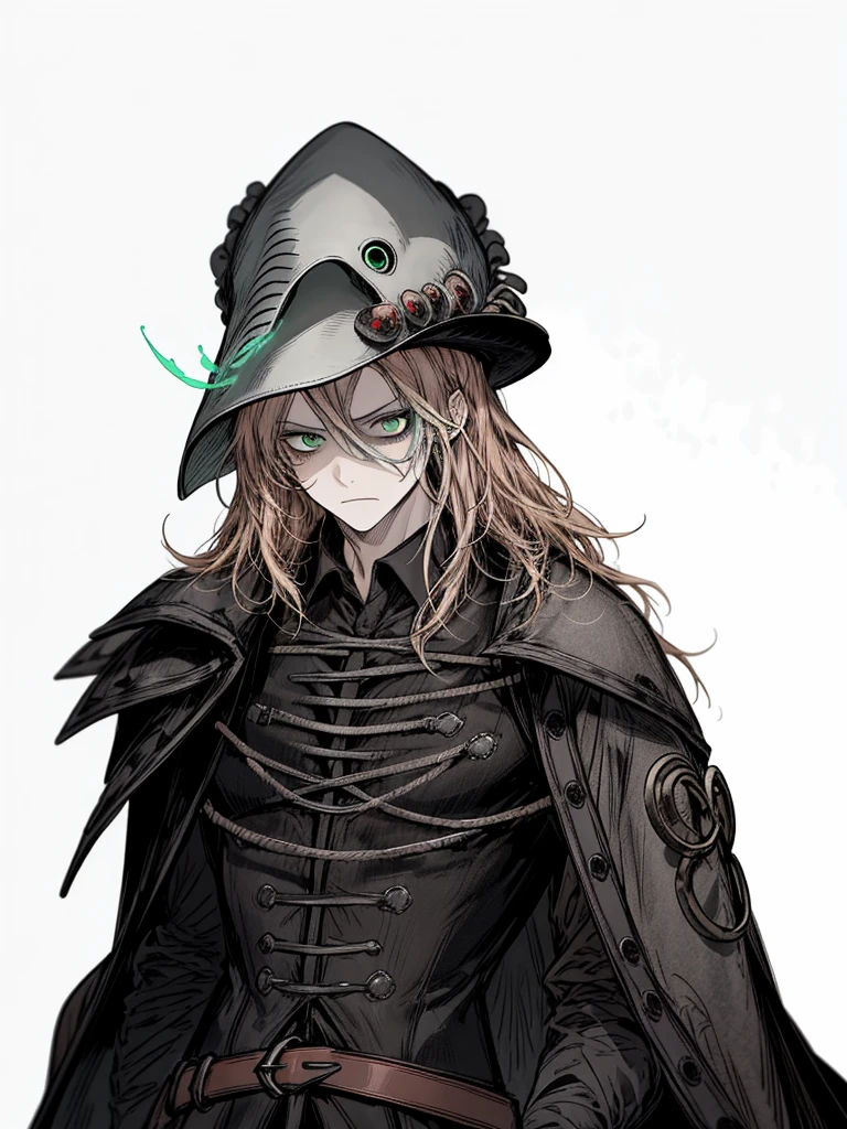 1boy, terracotta hair, green eyes, plague doctor, necromancer, nice clothes, (high resolution, high detail, best quality) , angry