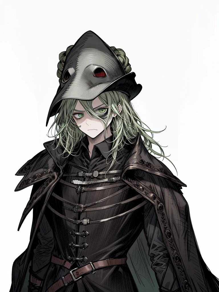 1boy, terracotta hair, green eyes, plague doctor, necromancer, nice clothes, (high resolution, high detail, best quality) , angry