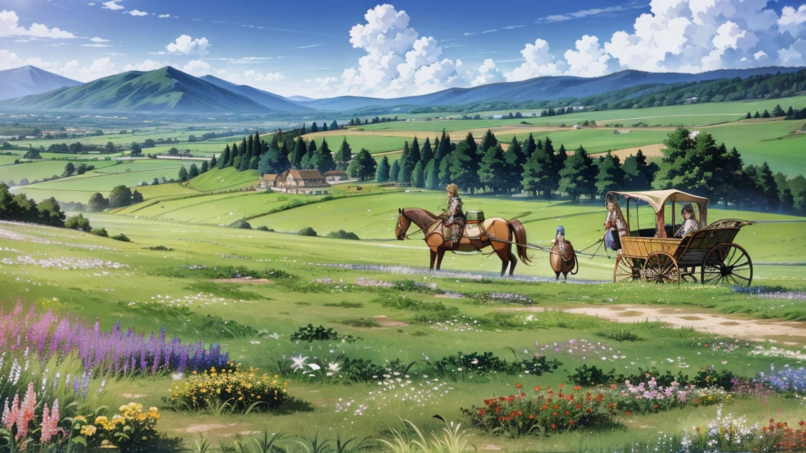 A 16:9 anime-style illustration depicting a female knight traveling through a vast, lush grassland. The knight is wearing shining armor, carrying a sword, and riding a horse. She is accompanied by a horse-drawn cart filled with supplies. The grassland is vibrant with green grass, colorful wildflowers, rolling hills, and distant mountains under a clear blue sky. The atmosphere is one of adventure and exploration.