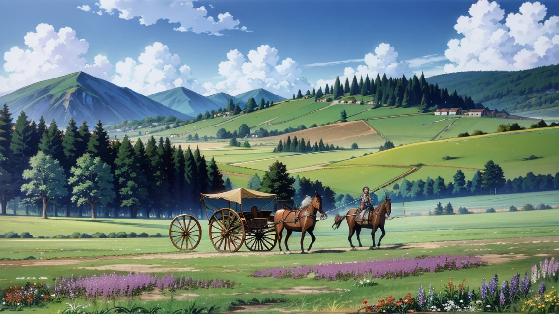 A 16:9 anime-style illustration depicting a female knight traveling through a vast, lush grassland. The knight is wearing shining armor, carrying a sword, and riding a horse. She is accompanied by a horse-drawn cart filled with supplies. The grassland is vibrant with green grass, colorful wildflowers, rolling hills, and distant mountains under a clear blue sky. The atmosphere is one of adventure and exploration.