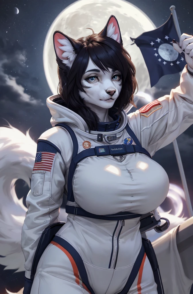 realistic quality, feline woman, Bullish, big breasts and wearing an astronaut outfit, holding a flag with a broken heart, at the moon. 