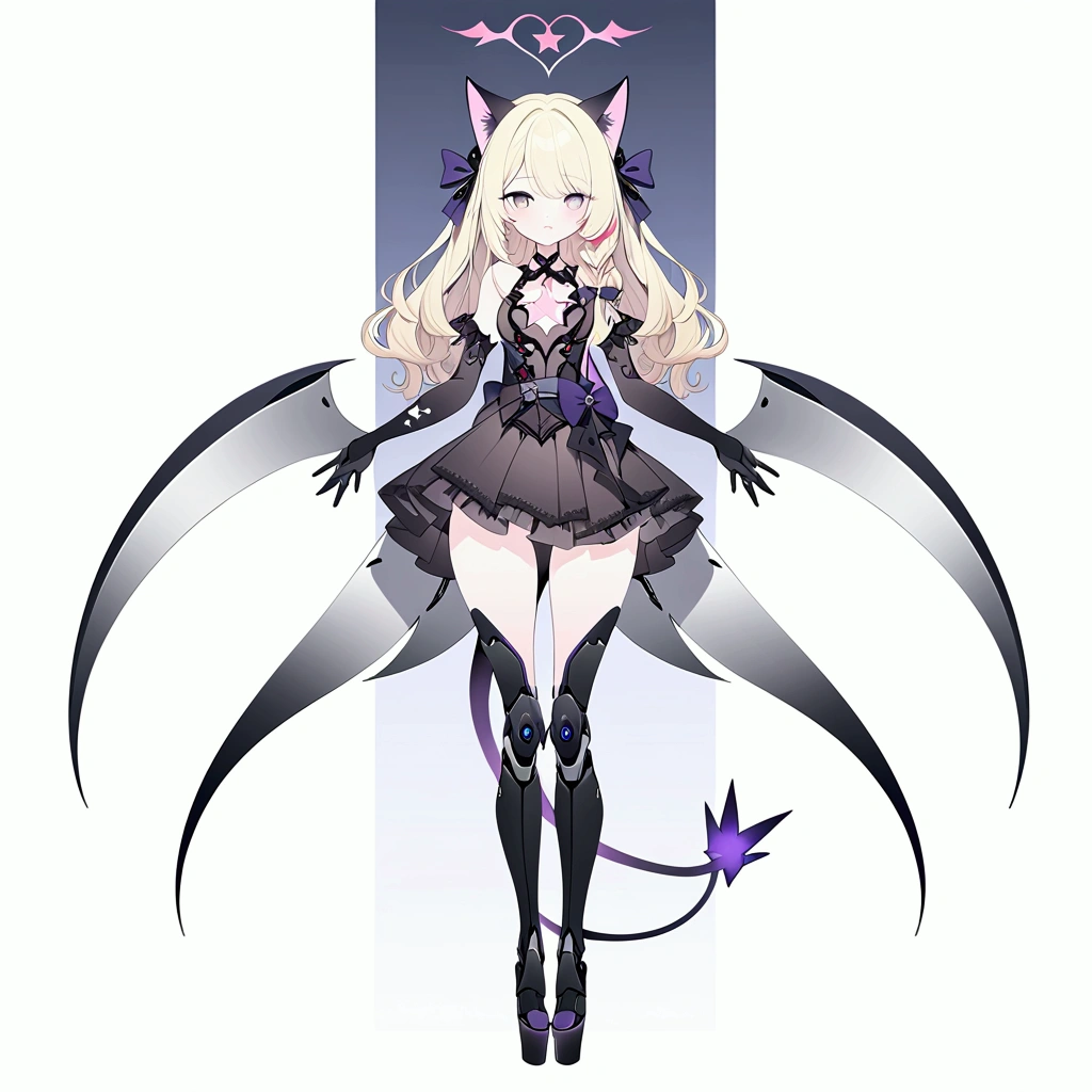 Woman 170cm tall, medium chest, wide hip, slim build. (((character design sheet: Full body front view))). (blonde hair, (hip-length wavy hair with asymmetrical bangs), She has a short braid tied with an elegant purple bow on the left side of her hair above her chest. She has a short braid tied with an elegant purple bow on the right side of her hair above her chest. She has small ribbons in the back of her hair.). ((Gray eyes with a pink 4-pointed star in the pupil)). Two black and purple serval ears located on the top of the head. Luminous black halo with purple star patterns above his head. black necklace with a heart emblem on the neck. (Elegant one-piece long dress with lace and ruffle skirt, ribbon decorations and star patterns on the dress). black gloves, beautiful black platform heels. gray belt at the waist with a large ribbon with a luminous pink heart in the middle. (It has a complex succubus tail with a small purple star at the tip). ((It has complex mechanical legs that reach up to the thighs and are black with small purple details.)). beautiful detailed hair, beautiful detailed dress. extremely detailed arms. extremely detailed face, small face, Beautiful detailed eyes, beautiful detailed lips. adorable. extremely detailed legs. (Best Quality, 4k, high resolution), ultra detailed, Exquisite and epic character art, ((White background)).