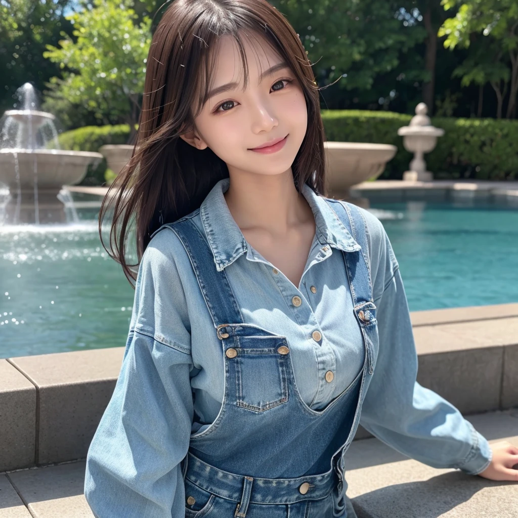 HD detailed, Super detailed, Realistic,Hyperrealism,Best image quality、Highest quality、masterpiece、Ultra-high resolution、8K、immature、Like the picture:1.5、Professional Lighting、Park fountain、Young Japanese Woman,Stylish、、Slender、、A kind smile、Wear a long-sleeved denim shirt and denim overalls、Soaked clothes、Damp clothes、View from the side