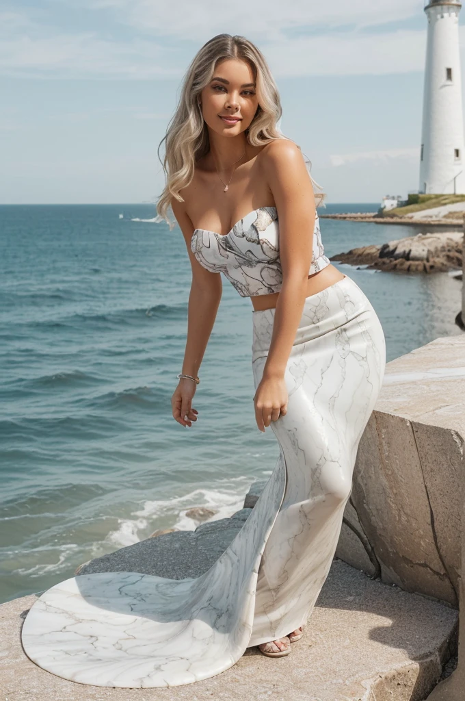 Solo realistic, 30 years old woman, 30 years old version of Madison Beer, Photorealistic, Realistic, Norwegian high nose, ((Norwegian long wavy curl blonde hair)), Norwegian pink fuller lips, ((Norwegian light brown eye)), (((body and face wrinkles))), cleavage, (((she is dressed in a white marble print mermaid skirt paired with a strapless top creates a unique and stylish ensemble that blends elegance with a contemporary twist. The skirt features a stunning marble print pattern in shades of white, and possibly hints of gray or soft pastels. The mermaid silhouette hugs the curves and flares out dramatically towards the hem, creating a graceful and feminine look. The marble print adds a sophisticated and artistic touch to the outfit, making it visually striking. The strapless top complements the marble print skirt by offering a sleek and sophisticated silhouette. It is tailored to fit snugly around the bust and may feature a sweetheart neckline or a straight-across cut, depending on the desired style. The top can be in a solid color that harmonizes with the hues in the marble print, such as white, or a complementary pastel shade))), (((She is standing seductively on a hill, before her stands a lighthouse tower, the woman is enveloped in a scene that blends coastal charm with a sense of adventure and solitude. Before her, the lighthouse tower rises against the backdrop of the sea and sky. Its sturdy form and iconic presence add a touch of maritime history and romance to the landscape. The surrounding terrain could feature coastal vegetation, rugged cliffs, or sweeping vistas of the ocean ))), she is looking at the camera smiling, (((dynamic pose)))