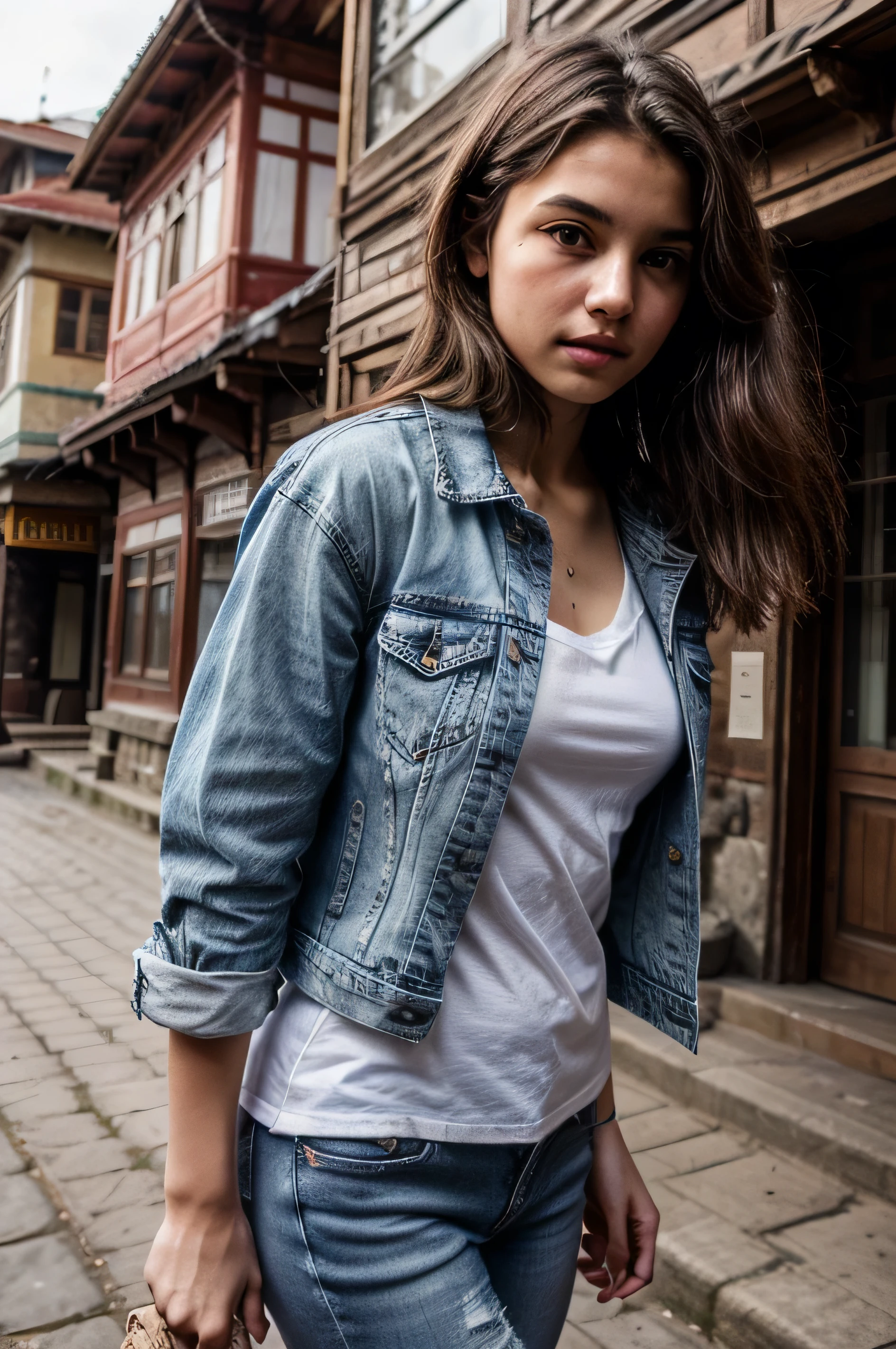 ((best quality)), ((masterpiece)), (detailed), Beautiful teen, in shimla , blue denim jacket on plain white tshirt, blue cutt jeans