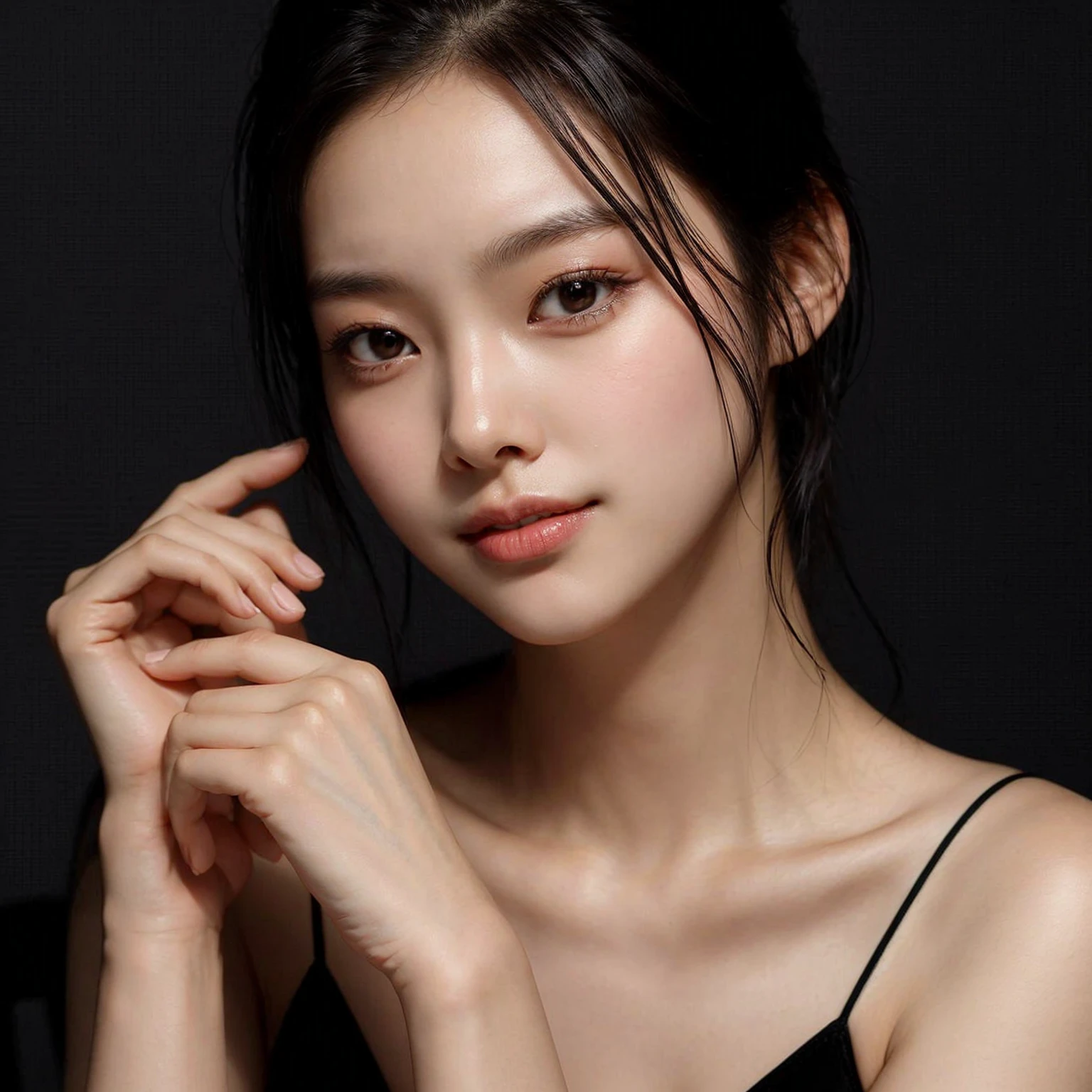 A young korean woman with a fair complexion poses elegantly against a dark background. She has her hair tied back and is wearing a black spaghetti-strap top. Her expression is calm and serene, with a slight touch of gloss on her lips and subtle makeup accentuating her natural beauty. Her hands are gently clasped together in front of her, adding to the sophisticated and graceful vibe of the portrait.