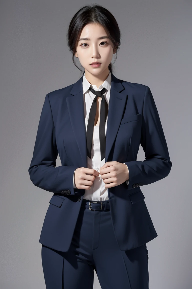 A female detective is wearing a suit and pants。Tied up and down the chest with a rope。