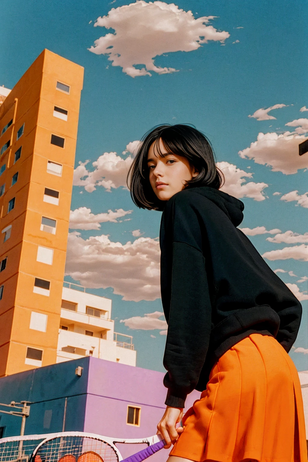 long shot portrait of cute 23 yo girl ,wear ((orange color oversized_hoodie)), wear ((purple tennis skirt)),looking front,Best Quality,Masterpiece,Ultra High Resolution,(Realisticity:1.4),Original Photo, 1Girl, light leak,ultra high resolution,UHD,beautiful, (black bob hair), almond eye, no makeup, in front of (80's mondrian architecture motel), (realistic:1.2), (surreal:1.3), (very detailed:1.1), ((masterpiece)),summer, blue sky, palm trees,sunny, los angles vibes,film camera, 800mm lens,style of Philip Lorca diCorcia