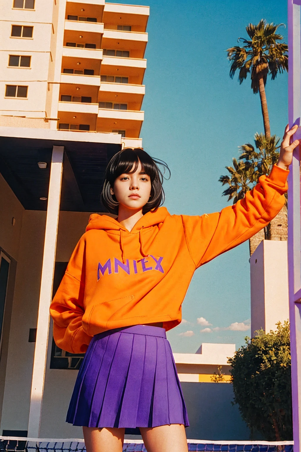 long shot portrait of cute 23 yo girl ,wear ((orange color oversized_hoodie)), wear ((purple tennis skirt)),looking front,Best Quality,Masterpiece,Ultra High Resolution,(Realisticity:1.4),Original Photo, 1Girl, light leak,ultra high resolution,UHD,beautiful, (black bob hair), almond eye, no makeup, in front of (80's mondrian architecture motel), (realistic:1.2), (surreal:1.3), (very detailed:1.1), ((masterpiece)),summer, blue sky, palm trees,sunny, los angles vibes,film camera, 800mm lens,style of Philip Lorca diCorcia